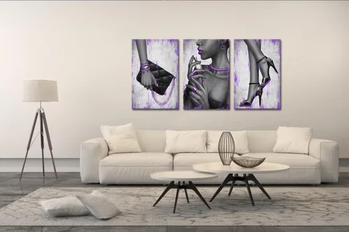 Vista 4 de Kalormore Cuadro de moda púrpura para dormitorio de niña, glamour, elegante, afroamericana, mujer negra con joyería, perfume, zapatos de tacón alto