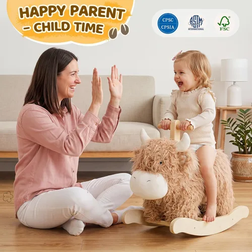 Vista 6 de Caballo mecedor para bebé de 1 año de edad, juguete mecedor de madera de vaca de juguete de peluche de madera para cuarto de niños, sala