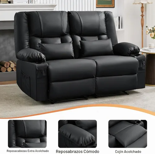 Vista 6 de HRVEOCEI Sofá reclinable de cuero negro con masaje/calor, sofá reclinable