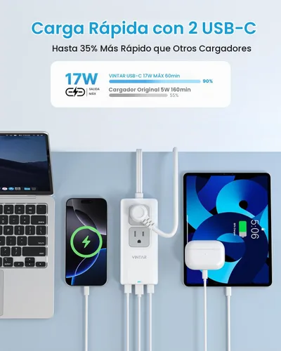 Vista 4 de Adaptador de enchufe de viaje europeo, adaptador de viaje universal VINTAR con cable de extensión de 5 pies, 2 salidas y 3 puertos USB, enchufe tipo