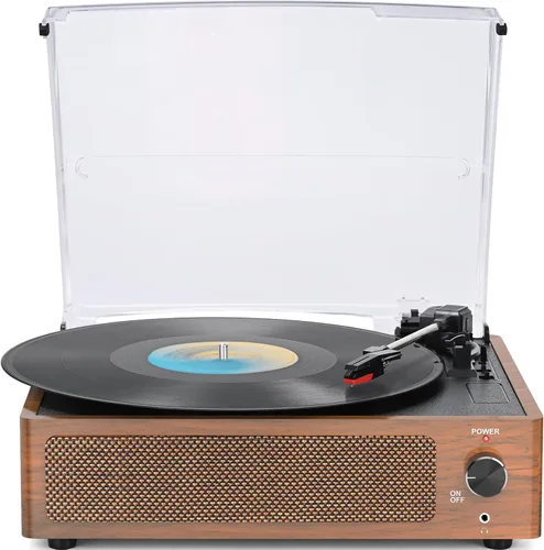 Vista 19 de Tocadiscos de vinilo vintage con altavoces, giradiscos accionados por correa, compatible con 3 velocidades, reproducción inalámbrica Bluetooth