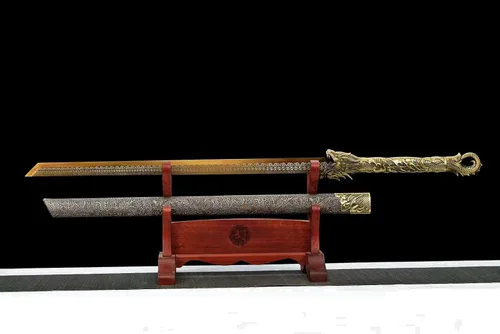 Vista 3 de Espada de hoja recta de acero al carbono hecha a mano con patrón genial, espada Dragón Tang Dao china Dorado