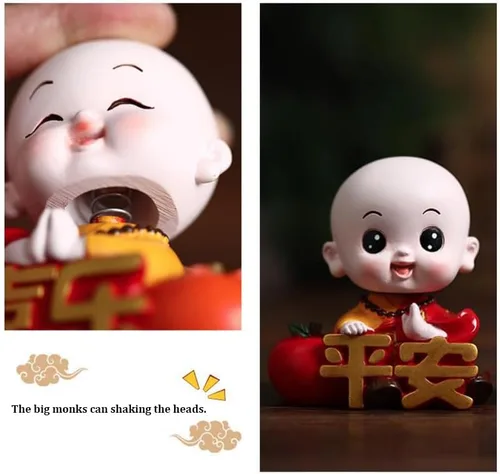 Vista 8 de Bonita estatua de monje bebé, figura de resina de monje de hoja de loto, figura de Buda en miniatura china para decoración del automóvil del hogar