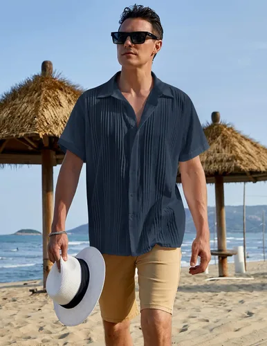 Vista 2 de COOFANDY Camisas de lino de algodón para hombre, ajuste relajado, manga corta, camisa con botones, plisada, guayabera