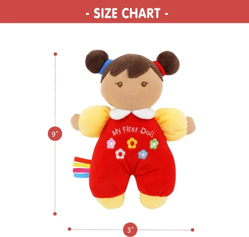 Vista 4 de June Garden 9" Mi primera muñeca Ava - Muñeca de bebé de felpa suave - Vestido rojo