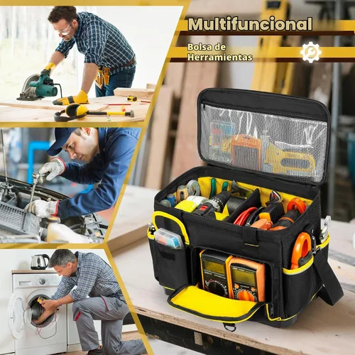 Vista 7 de Marscamd Bolsa de herramientas de 16 pulgadas con parte inferior dura y un divisor desmontable, bolsa de herramientas resistente con múltiples