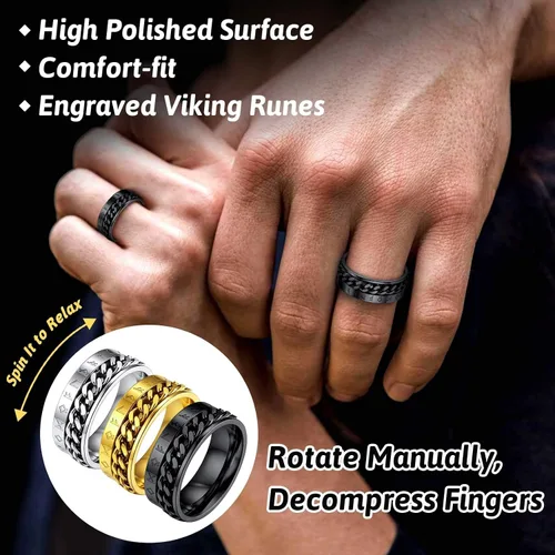 Vista 2 de FaithHeart Anillo giratorio nórdico vikingo con runas de acero inoxidable chapado en oro para hombres y mujeres, puede grabar personalizado
