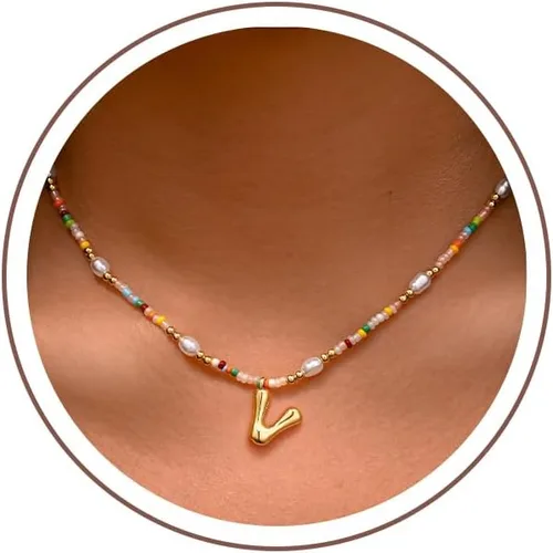 Vista 14 de Ritach - Regalos de Navidad para nietas, adolescentes y niñas, collar con inicial de perlas de colores claros, collar con dije de burbuja dorada