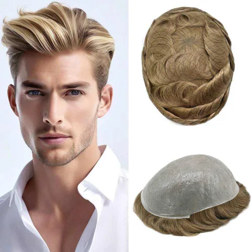 Vista 94 de 0.002 in ultra fina piel tupé Remy cabello humano piezas para hombres V-Looped sistema de pelo para hombre tupé pelo tupé para hombres protesis