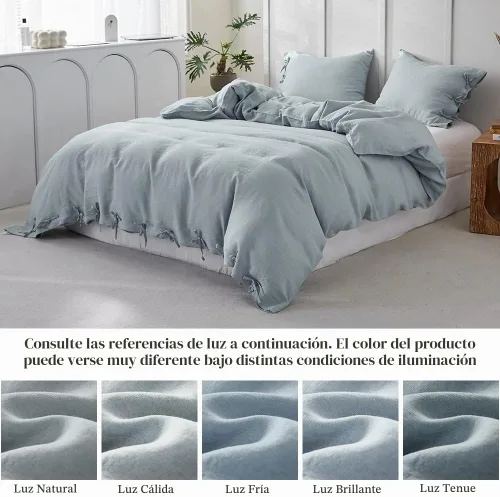 Vista 5 de Simple&Opulence - Juego de funda de edredón 100 % lino, 3 piezas con cierre de corbatines, lino francés lavado natural, color sólido, suave Azul