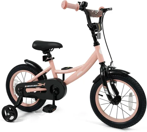 Vista 13 de BABY JOY Bicicleta para niños, bicicleta deportiva de 12 a 18 pulgadas con ruedas de entrenamiento extraíbles, asiento y manubrio ajustables, freno