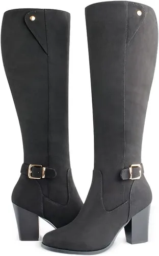 Vista 3 de DCMBLY Botas altas hasta la rodilla para mujer, tacón grueso, puntera completa, con cremallera lateral completa