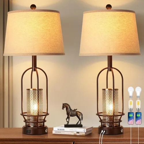 Vista 9 de SRJJA Juego de 2 lámparas de mesa de granja para sala de estar, lámparas rústicas de mesita de noche con puertos de carga USB A+C, lámpara de noche
