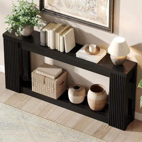 Vista 4 de Maupvit Mesa consola de madera acanalada con 2 almacenamientos, mesa de entrada rectangular de 71 pulgadas detrás del sofá, mesa de sofá
