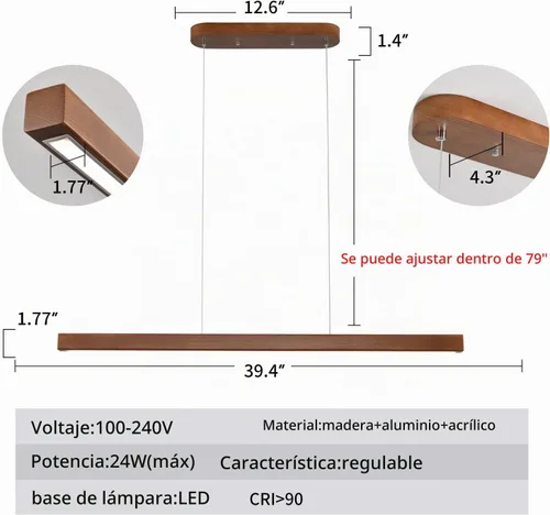 Vista 2 de Lámpara colgante lineal de madera de 39 pulgadas con LED regulable para isla de cocina con control remoto, lámpara colgante ajustable para comedor