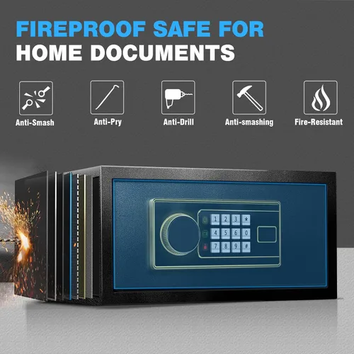 Vista 2 de Caja de seguridad para el hogar, caja de seguridad de acero para oficina y hogar, teclado electrónico digital, sistema de alarma y estante