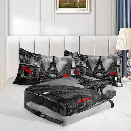 Vista 5 de Datura home Juego de Ropa de Cama Edredón Escenario de Calle de París Torre Eiffel Patrón Estampado Juego de Ropa de Cama con 1 Edredón y 2 Fundas