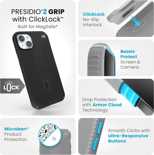 Vista 3 de Speck Funda para iPhone 15 Plus – Bloqueo de bloqueo antideslizante ClickLock, diseñada para MagSafe, agarre de protección contra caídas
