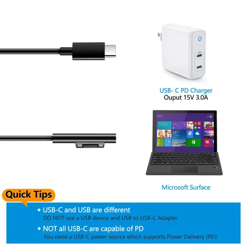 Vista 6 de Adaptador de carga rápida USB-C a Surface Pro, cable negro tipo C, requiere 15V/3A 45W PD USB-C cargador para Microsoft Surface Pro 7/6/5/4/3/X