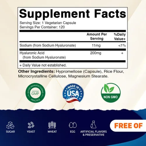 Vista 2 de Vitamatic Paquete de 2 suplementos de ácido hialurónico de 200 mg – Apoya el tejido conectivo saludable y las articulaciones – Promueve una piel