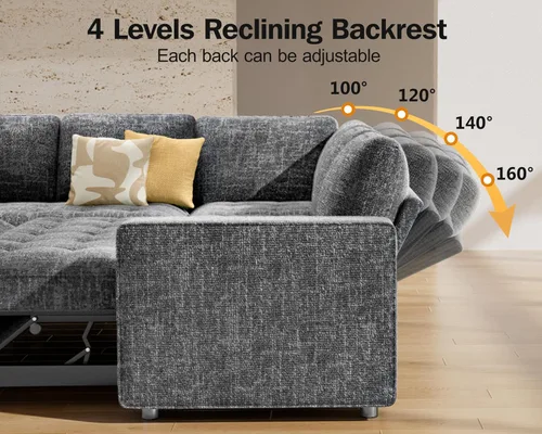 Vista 4 de Vipbear Sofá cama modular en forma de L de 5 asientos con cama extraíble/respaldo reclinable/puertos USB/asiento de almacenamiento, sofá cama Gris