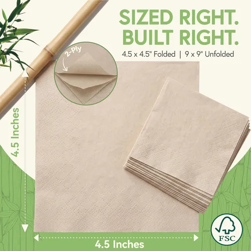 Vista 3 de Servilletas de cóctel desechables 100% bambú (paquete de 50) 2 capas con certificación FSC Servilletas biodegradables para fiestas, hogar o uso