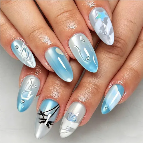 Vista 41 de Uñas postizas a presión medianas con diseño geométrico blanco almendra – 24 uñas postizas reutilizables de ABS brillante, fácil de aplicar, juego