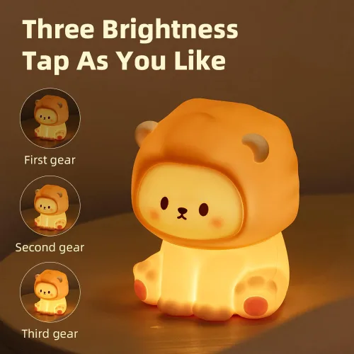 Vista 4 de Linda luz nocturna de león para niños, lámpara recargable de guardería con temporizador, 3 niveles de brillo y luz cálida, luz nocturna de silicona