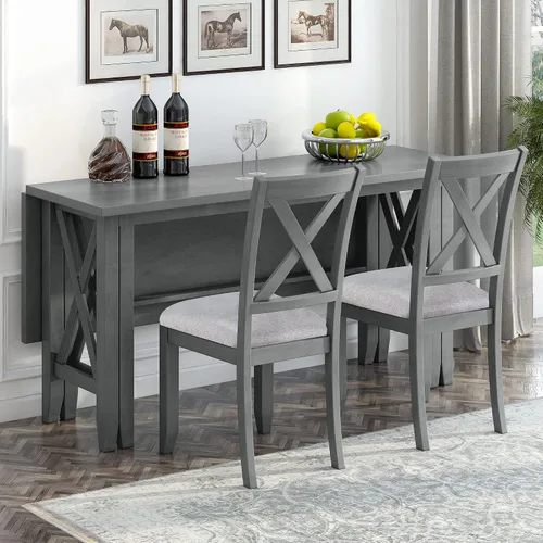 Vista 25 de Juego de mesa de comedor vintage de 6 piezas, juego de mesa de comedor de cocina de madera maciza con 4 sillas ergonómicas acolchadas y banco, mesa