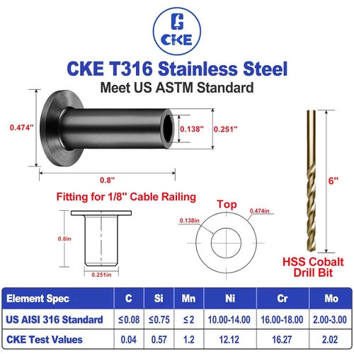 Vista 2 de CKE Paquete de 50 fundas protectoras de acero inoxidable negras T316 para sistema de barandilla de cubierta de cables de 1/8 pulgadas, funda