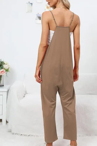 Vista 4 de DEEP SELF Overol suelto casual con cuello en V para mujer, sin mangas, tirantes delgados ajustables, pantalones largos harén, overoles con bolsillos