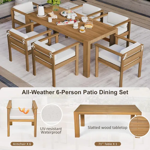 Vista 6 de Patio Dining Table Set for 6, 7-Piece Outdoor Furniture with 73 Inch Rectangular Table, Wood Chairs with Removable Cushions for Backyard, Poolside