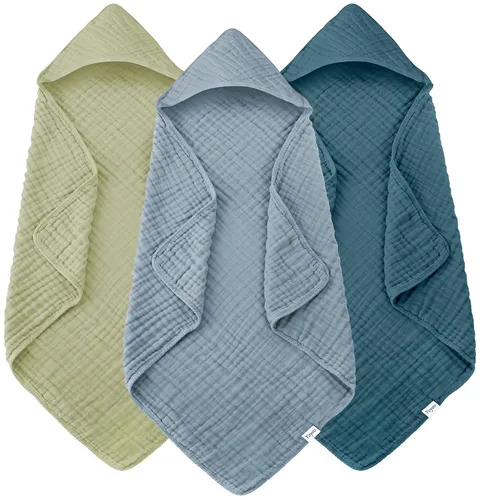 Vista 8 de Toallas de baño de muselina con capucha para bebé, paquete de 3 toallas 100% algodón ultrasuaves para recién nacidos, bebés, niños pequeños, 32 x 32