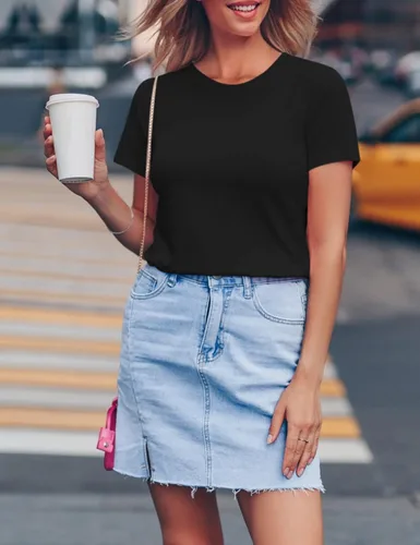 Vista 9 de Saslax Camiseta de manga corta con cuello redondo y ajuste holgado para mujer, estilo casual, básico