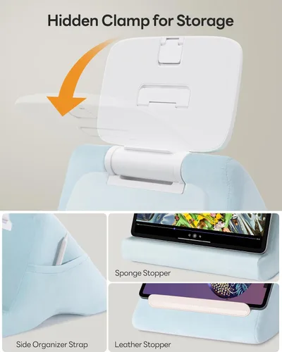 Vista 6 de SAIJI Soporte de almohada para tablet iPad mini soporte para Kindle para regazo en la cama, con elevador y clip multifunción ajustable en ángulo Azul
