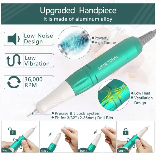 Vista 4 de MPNETDEAL Taladro eléctrico de uñas profesional e-File con pantalla digital LED, herramientas profesionales menicure para uñas acrílicas