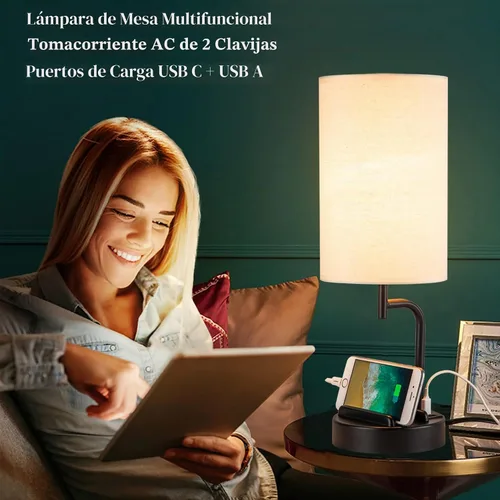 Vista 4 de Lámpara de mesa USB con control táctil Dreamholder, lámpara de noche mejorada de 3 vías regulable con puertos de carga USB C & A y tomacorriente AC