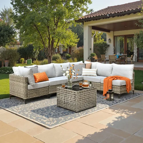 Vista 31 de ovios Muebles de patio de 8 piezas con hoguera, juego de conversación de mimbre de ratán para exteriores con mesa de centro brillante, cómodo sofá