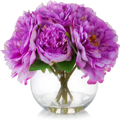 Vista 8 de ENOVA FLORAL Flor de peonía artificial con jarrón, arreglo de flores falsas, peonía sintética en jarrón de vidrio para decoración de cocina, oficina