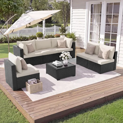 Vista 8 de Amopatio Juego de muebles de patio de 7 piezas, seccionales para exteriores, beige Negro/Beige