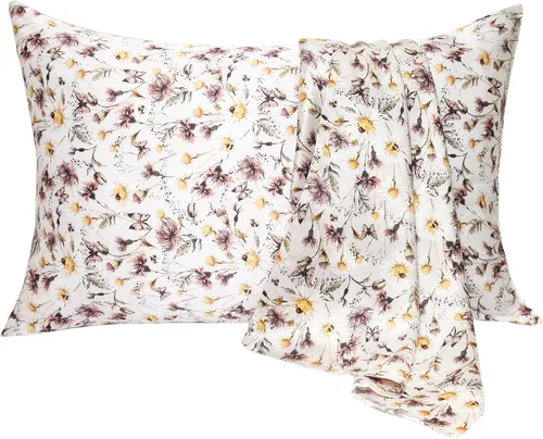 Vista 21 de MANSPHIL Funda de almohada de seda con bonitas flores rojas y blancas, tamaño estándar, 22 Momme 100% seda de morera, funda de almohada con cierre