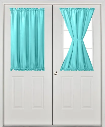 Vista 2 de Cortinas para puerta francesa, color aguamarina, 24 pulgadas de ancho x 40 pulgadas de largo, 1 panel Bolsillo para barra, semitransparente