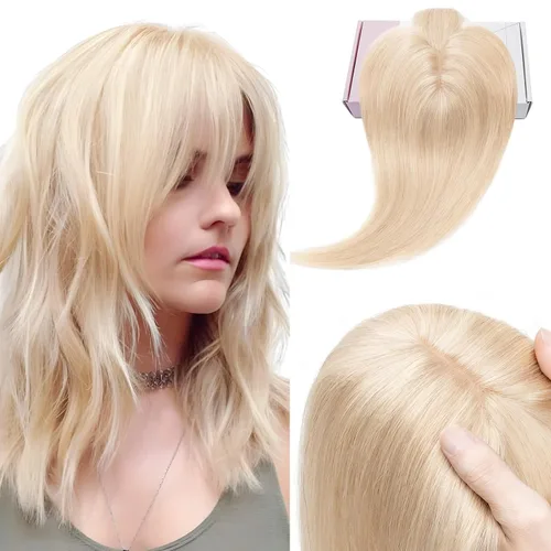 Vista 15 de Elailite Pelucas para mujeres con flequillo, cabello humano real, topper con cabello delgado, 13 cm x 7 cm, base de seda, clip en piezas de cabello