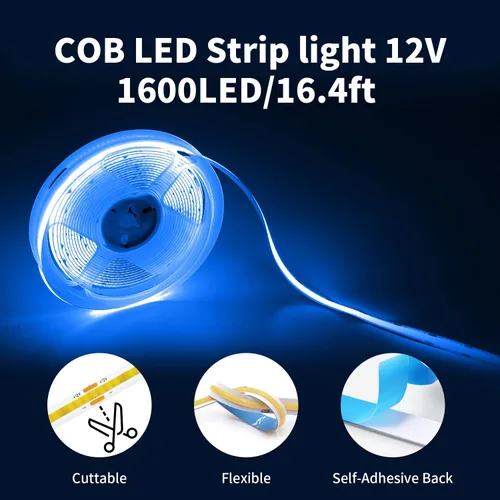 Vista 3 de Tira de Luz LED COB Azul, 16.5 pies / 5M 8mm / 0.3 Pulgadas 12V, Tira de Luz LED 1600 Brillante Azul con Adaptador de Corriente, Tira de Luz LED COB