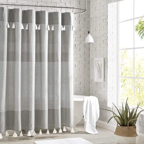 Vista 11 de Panama Stripe Cortina de ducha 100% tela de algodón para baño, de 72 x 72 pulgadas /182.88 x 182.88 cm. Borla estilo bohemio de granja, tela
