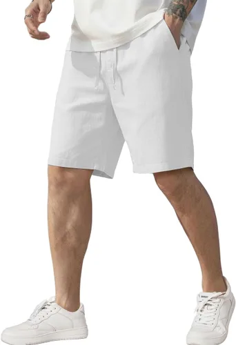 Vista 7 de COOFANDY Pantalones cortos de lino para hombre, cintura elástica, con cordón, pantalones cortos de verano, playa, vacaciones A-Azul Claro