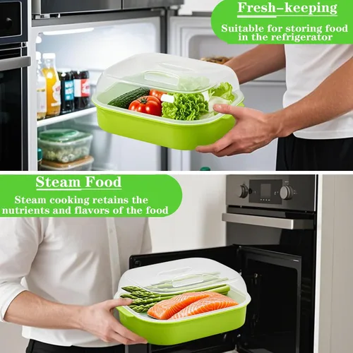 Vista 5 de Vaporizador de microondas para verduras, vaporizador de verduras de plástico con tapa para preparación de verduras, mariscos, pescado, cocina