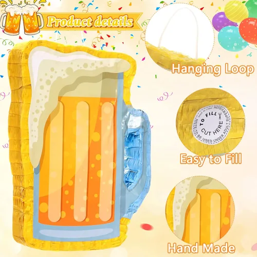Vista 4 de Sratte Piñata de cerveza con palo y venda de los ojos con confeti, taza de vidrio para colgar, decoración mexicana para cumpleaños, despedida