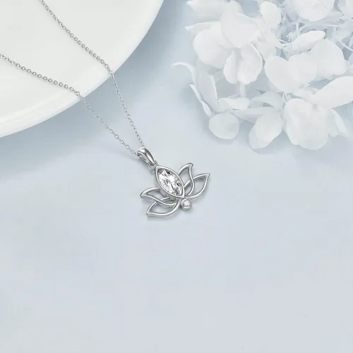 Vista 3 de YFN Collar de loto de plata de ley con colgante de piedra natal de loto, joyería de loto, regalos de cumpleaños para mujeres y niñas, Plata