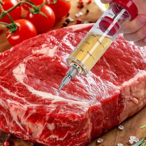 Vista 7 de Jeringa inyectora de carne, 3 agujas inyectoras de adobo para parrilla de barbacoa, kit de inyector de pavo portátil de alta calidad para ahumador